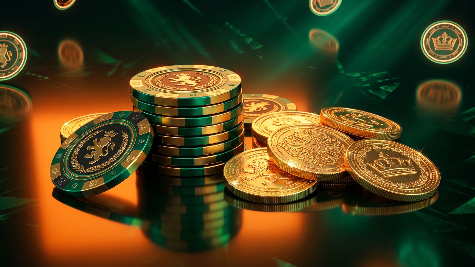 Glossy casino chips glowing under emerald light