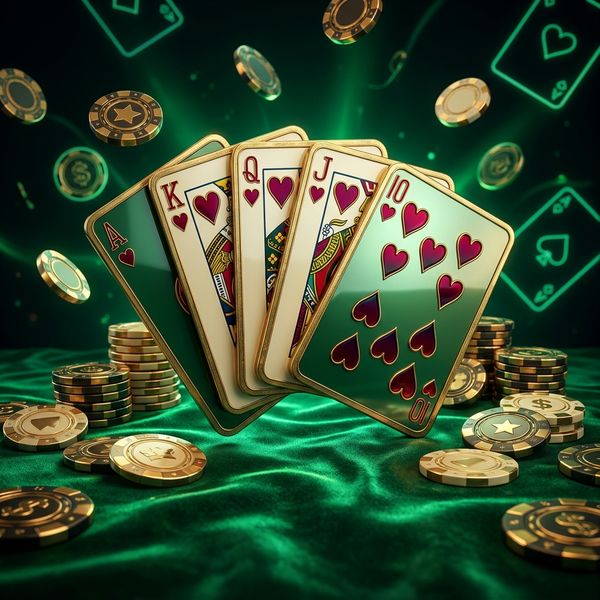 Glossy royal flush cards on emerald velvet surface