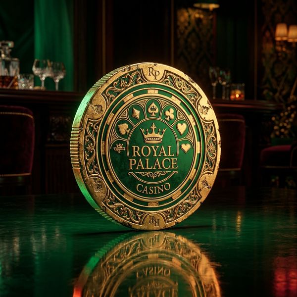 Ornate casino chip with gold edge on reflective surface