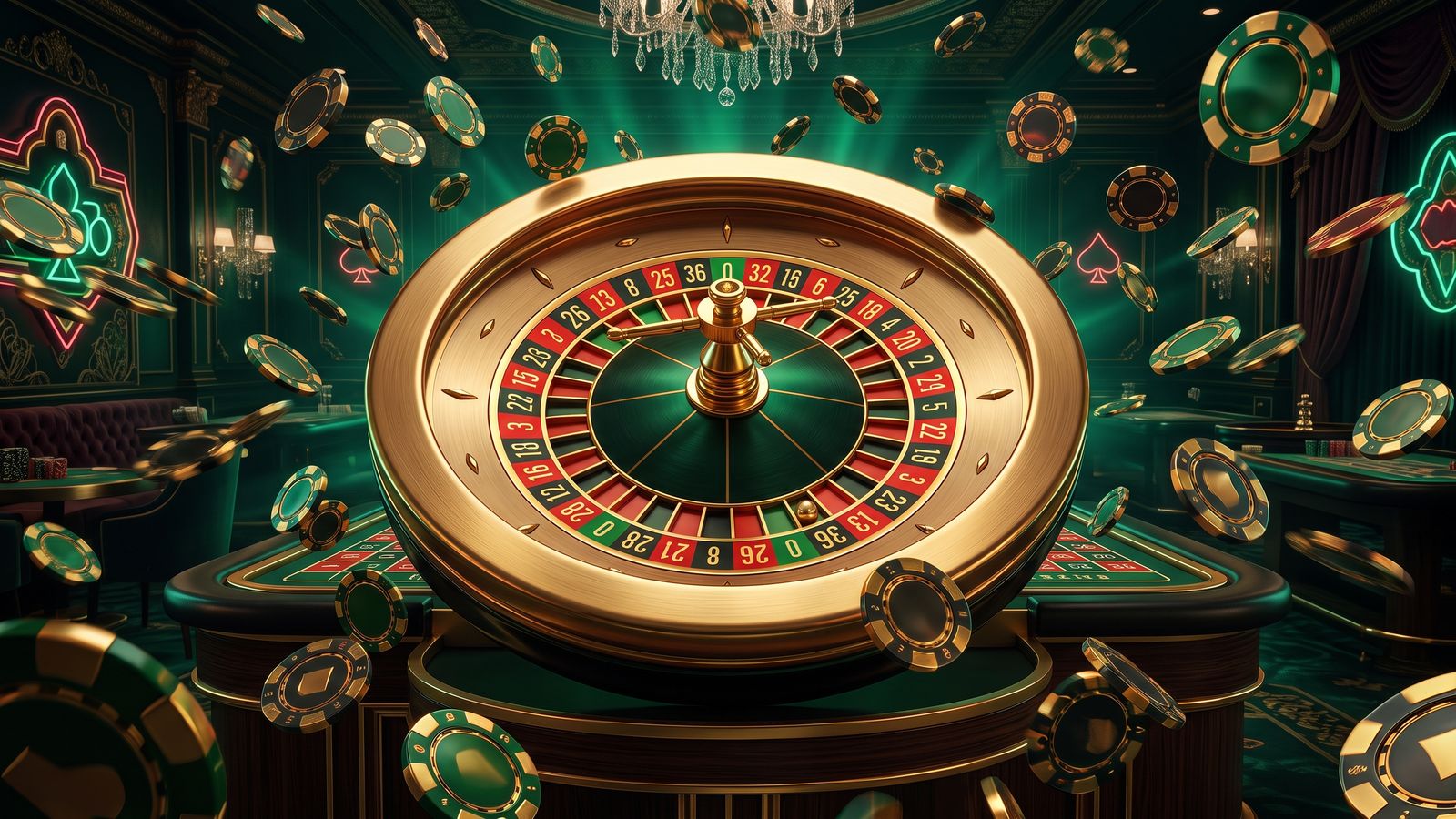 Dramatic roulette wheel glowing emerald against dark backdrop