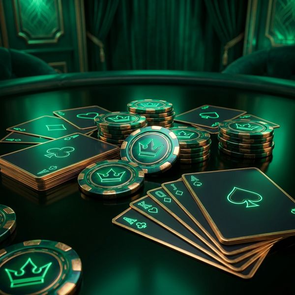 Glossy casino chips arranged under emerald glow