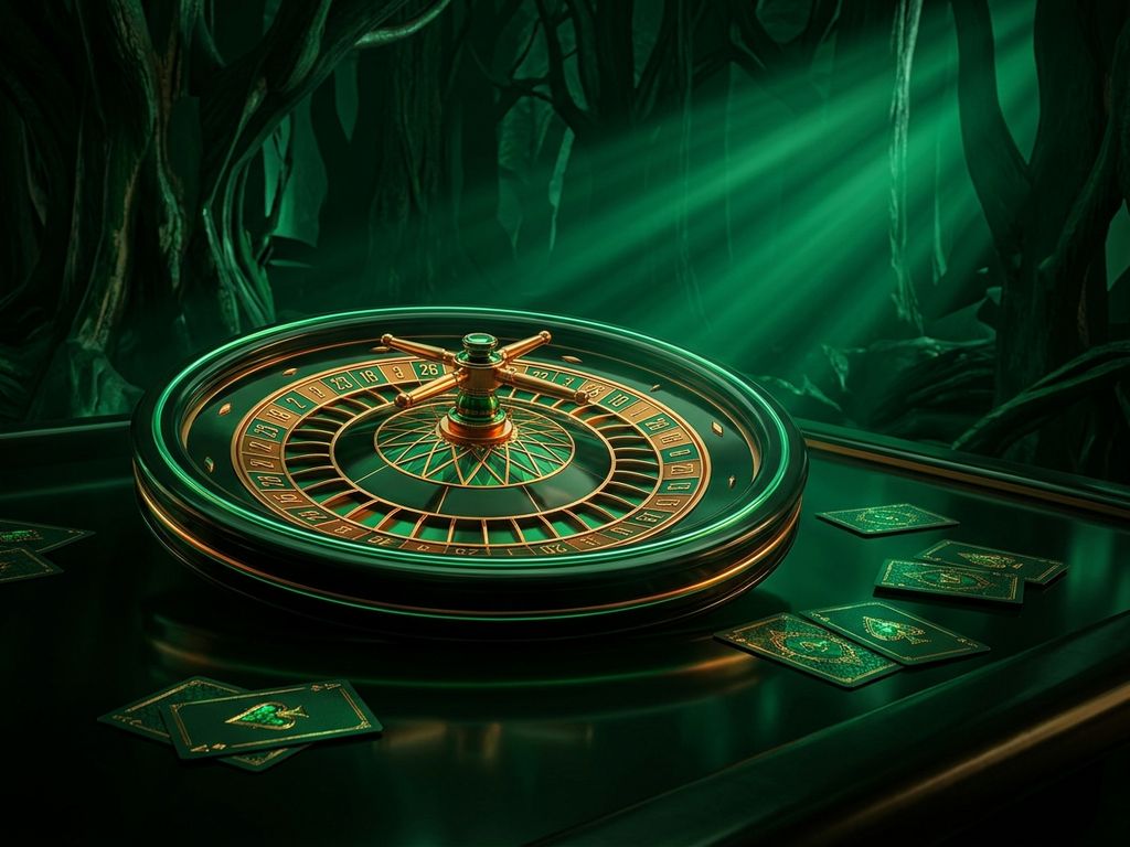 Roulette wheel and cards bathed in emerald glow