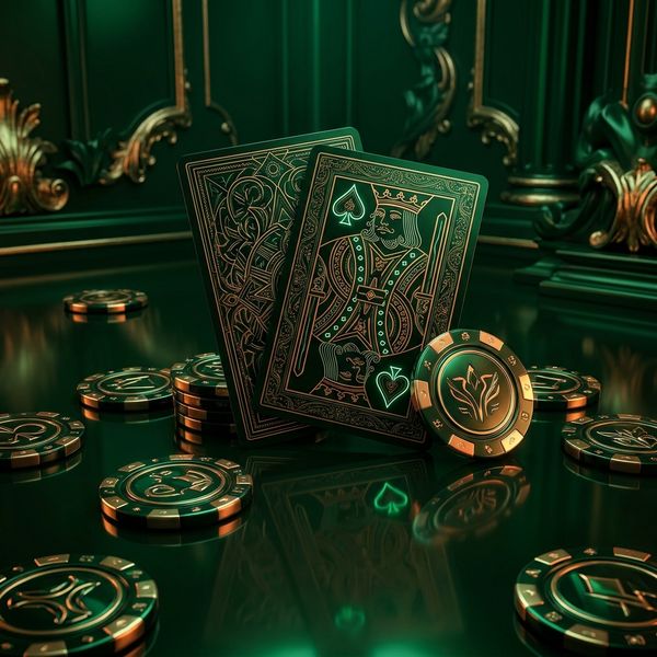 Ornate playing card on glossy emerald casino surface